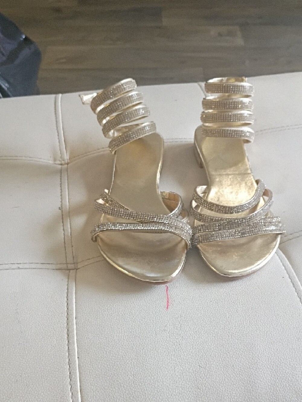 Italina Gold Rhinestone Multi-Strap Block Heel Sandals - Picture 2 of 8